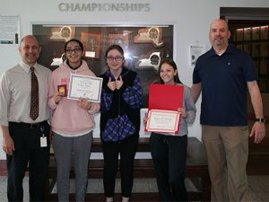 picture of scholarship winners with WHS guidance counselor and WHS science department chairperson