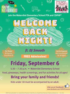 image: downloadable flyer with information about Welcome Back Night on Friday, September 6