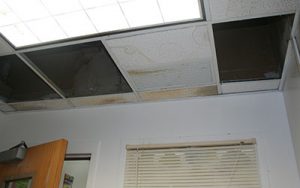 picture of library ceiling missing tiles and water stains