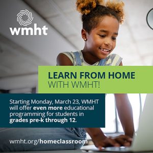 WMHT Learn from Home promotional image featuring elementary age female student smiling and typing on laptop keyboard