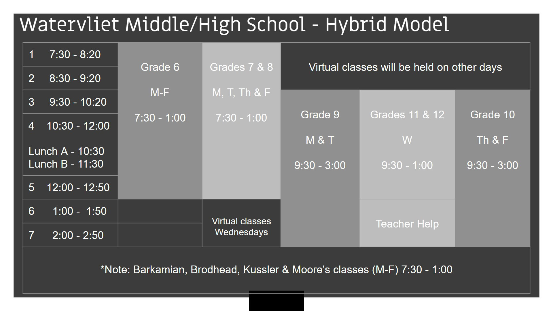 picture of Grades 6-12 hybrid learning schedule