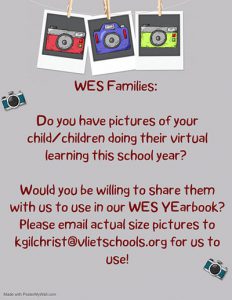 image of flyer asking elementary school families to share pictures of students learning at home 
