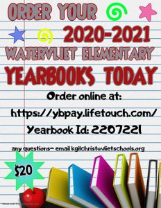 image of flyer with information about ordering 2020-2021 Watervliet Elementary School yearbook. 