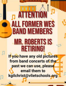 image of flyer asking former elementary school band members to submit photos of music teacher from past concerts