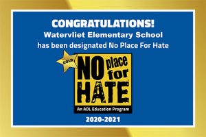 image of No Place for Hate Blue and Gold Banner designating Watervliet Elementary School a Gold Star School