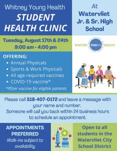 image Whitney Young Health flyer announcing two upcoming clinics at Watervliet High School for vaccinations and school physicals