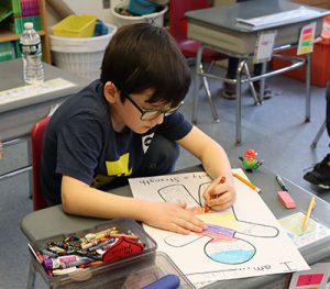 student seated at desk with crayon in hand working to complete self-portrait