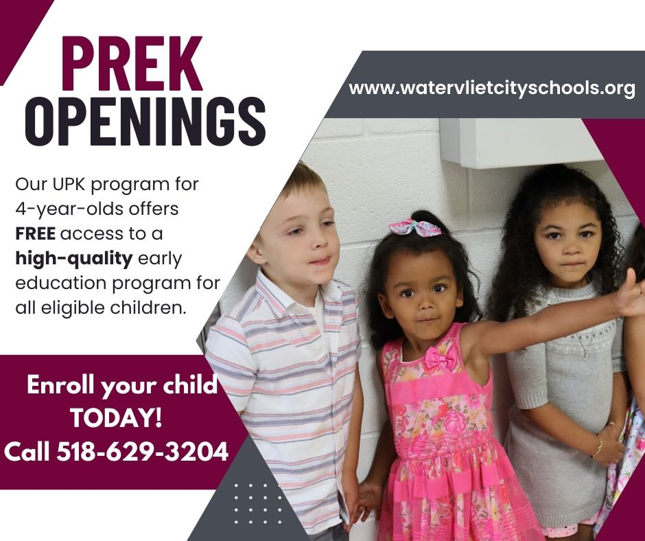 prekindergarten openings graphic features three young children standing together in hallway