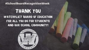 Blackboard background with chalk typography thanking school board members for service and commitment to students and community in honor of school board recognition week. District logo appears at the bottom of the slide.