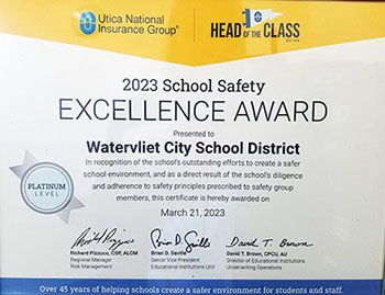 Platinum School Safety Excellence Award certificate from Utica National Insurance Group