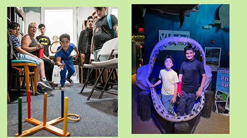slide featuring two pictures from summer travel program. Students stand inside the large jaws of a shark and a student participating in a ring toss game.