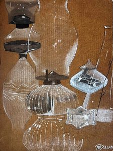 Still life artwork mix of charcoal on corrugated cardboard