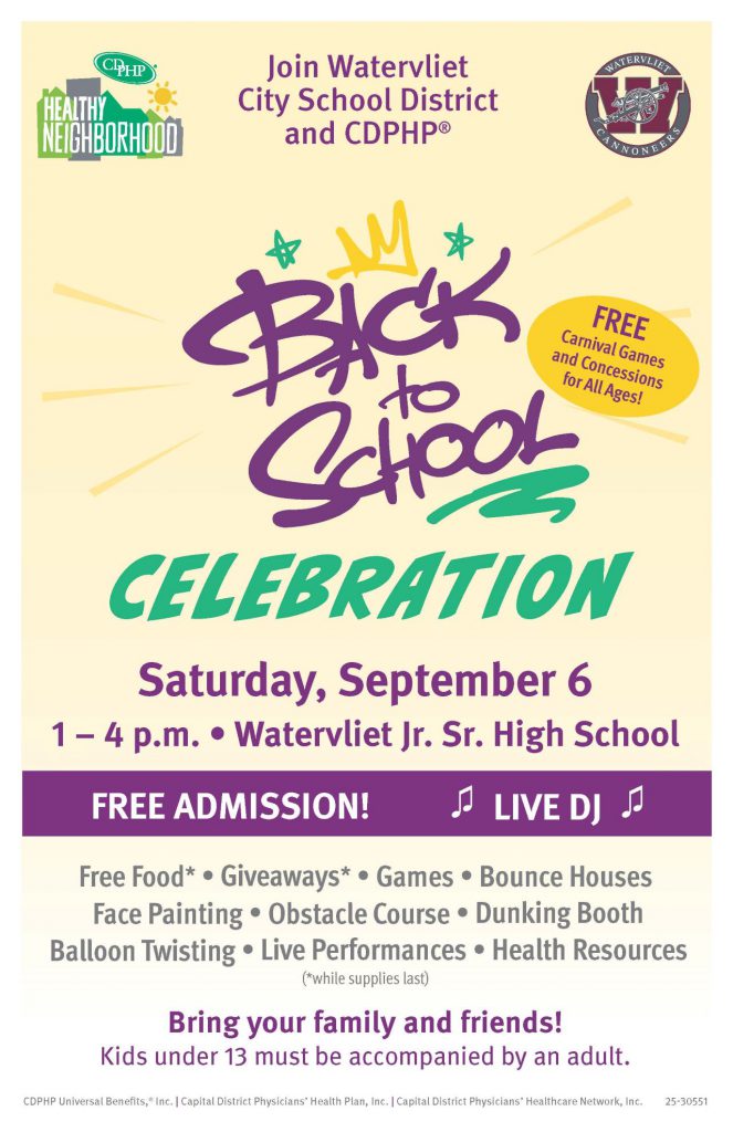 Back to School Celebration flyer yellow background with purple and green typeface