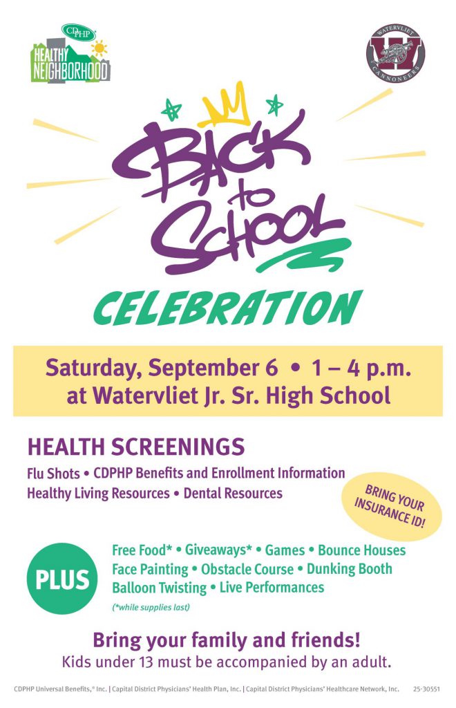 Welcome Back to School flyer white background with purple and green typeface