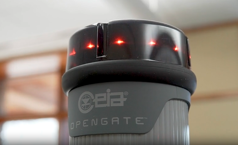 Detection system pillar with illuminated red lights
