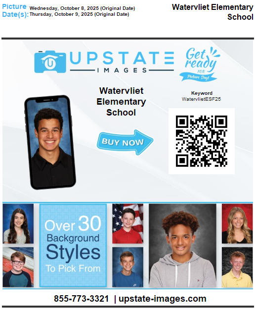 Upstate Images School Picture flyer with dates and information for ordering school pictures