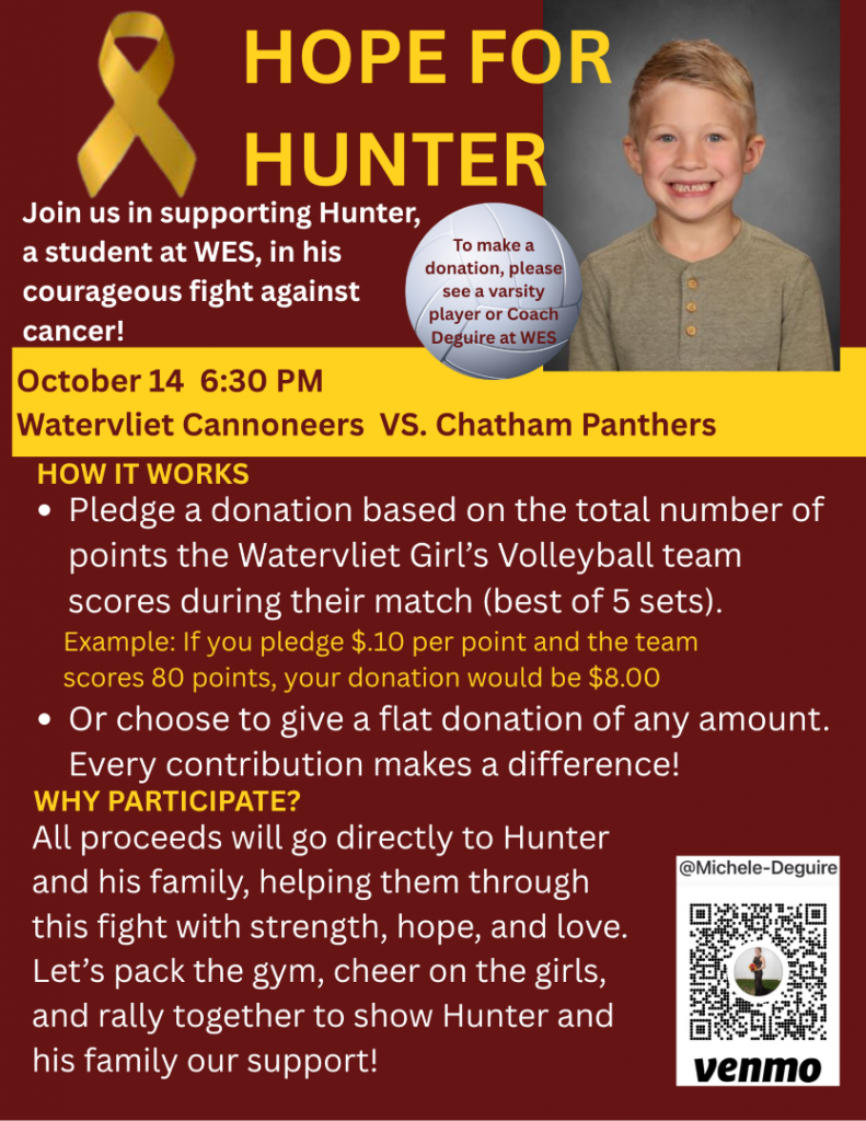 Hope for Hunter flyer with informational text about the volleyball game and fundraising campaign on a garner background