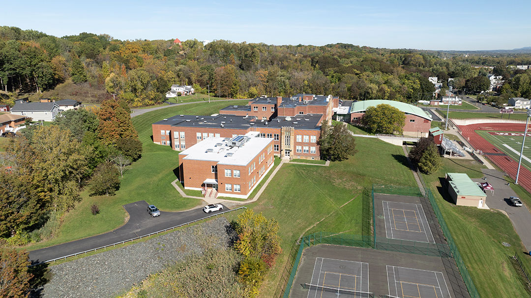 Aerial view of location where two story addition would be built at Watervliet Junior Senior High School