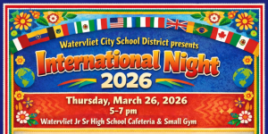 Vibrantly colorful International Night flyer with date, time  and location of event 