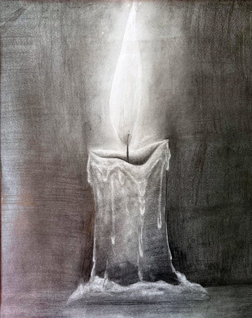 Black and white drawing of a lit candle with a large flame and melting wax