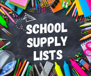 Words School supply lists written in white on chalkboard background surrounded by paper clips, pencils and post it notes 